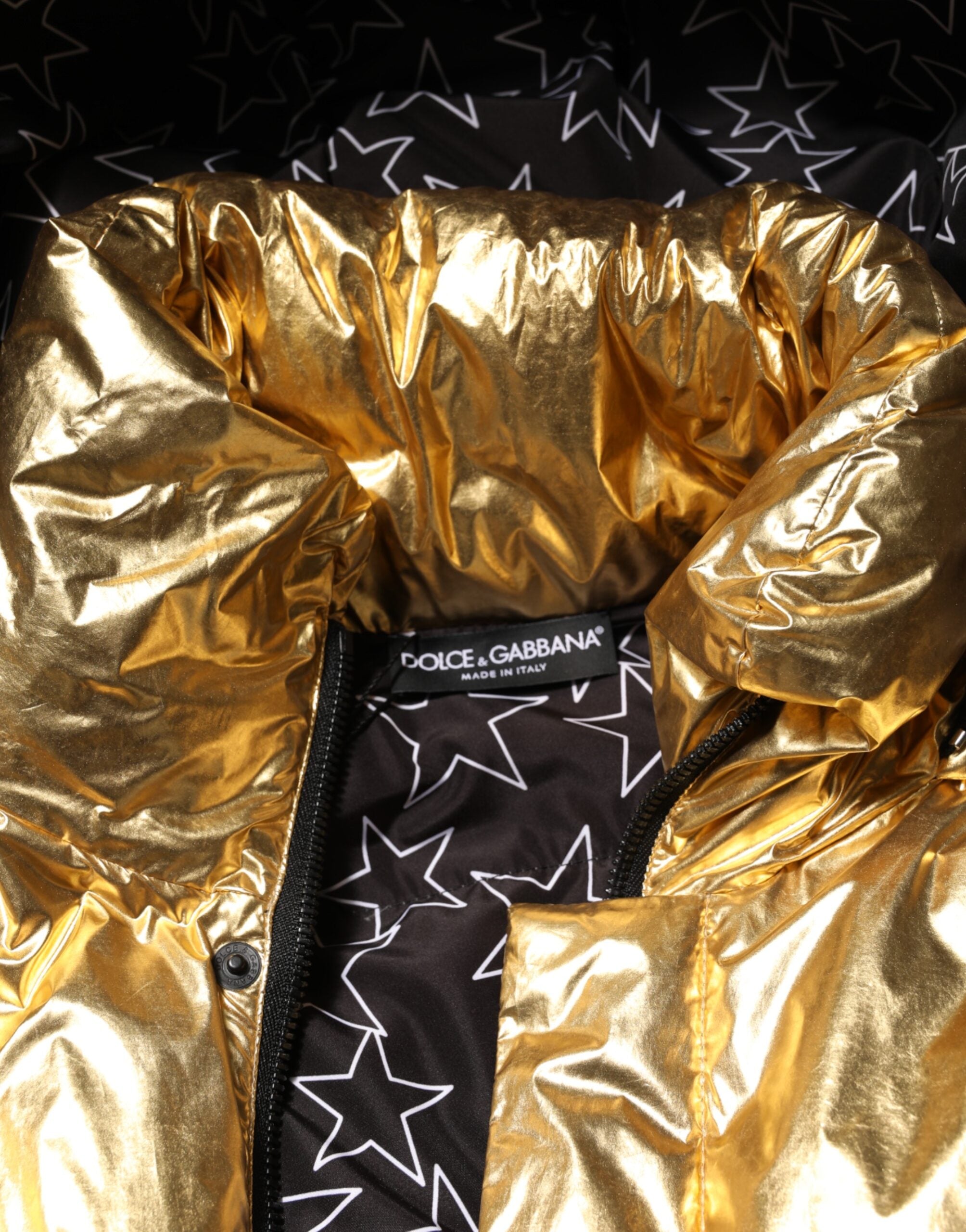 Dolce & Gabbana Altın Kapüşonlu Şişme Tam Fermuarlı Kapitone Ceket